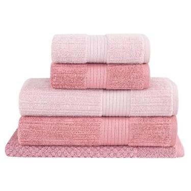 Imagem de Jogo de Toalhas de Banho Fio Penteado Canelado 5 Peças 100% Algodão Alta Absorção Banho Rosto e Piso (Rosa Clara Rosa Escuro)