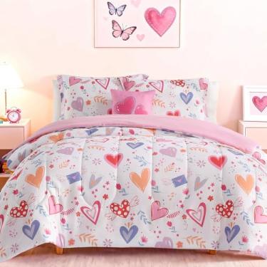 Imagem de Wink Deer Jogo de cama solteiro para meninas - 3 peças, coração, amor, jogo de cama para crianças, 1 edredom, 1 fronha e 1 travesseiro decorativo