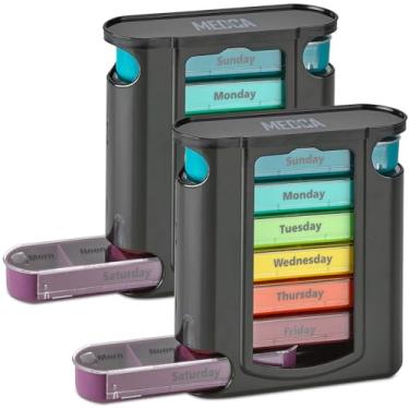 Imagem de Organizador de comprimidos diário empilhável - 2 pacotes, 4 vezes por dia, lembrete semanal de medicamentos - Caixa de comprimidos semanal Premium AM/PM com 7 caixas individuais de empilhamento, um organizador de medicamentos diário para vitaminas
