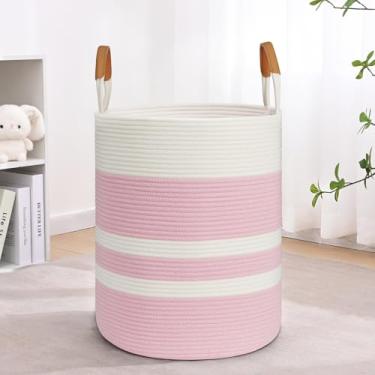 Imagem de Cesto de roupa suja listrado de 60 L com alças de couro, cesto de roupa grande dobrável para roupas, cesto de armazenamento de corda de algodão para cobertores, cesta de roupas de tecido para quarto