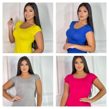 Imagem de kit 4 Blusas feminina básica t-shirt detalhe na manga - GK Toda Bela, 