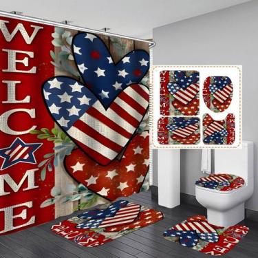 Imagem de Conjunto de cortinas de chuveiro American Flag Heart com tapetes de ba