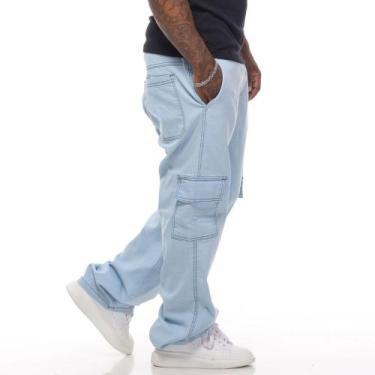 Imagem de Calça Masculina Cargo Jeans Larga Lisa com Bolso - Mitchelgutto, Jeans