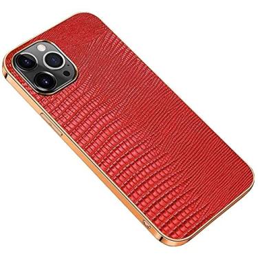 Imagem de KKFAUS Capa de telefone de couro genuíno padrão de lagarto, capa fina com tudo incluído para Apple iPhone 12 Pro Max (2020) 6,7 polegadas, design de moldura dourada (cor: vermelho)