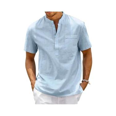 Imagem de Camisa Casual De Praia Masculina Vintage De Algodão E Linho Com Gola H