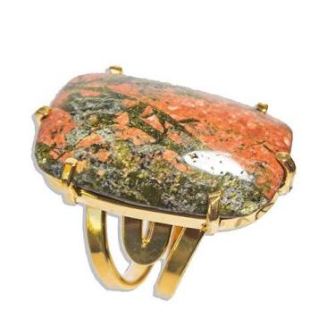 Imagem de Anel Pedra Unakita Retangular Natural Dourado Aro Ajustavel - Cristais