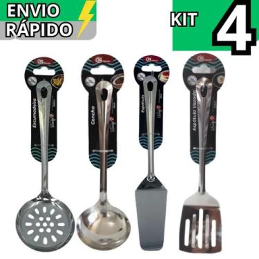 Imagem de Kit 4 Utensílio Cozinha Inox Escumadeira Espátula Vazada Espátula Bolo