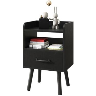Imagem de YMYNY Mesa de cabeceira, mesa de cabeceira, mesa lateral, mesa de canto de sofá de madeira com gaveta de tecido, prateleira aberta, pernas de madeira maciça, 39 x 29 x 63 cm, para quarto, sala de