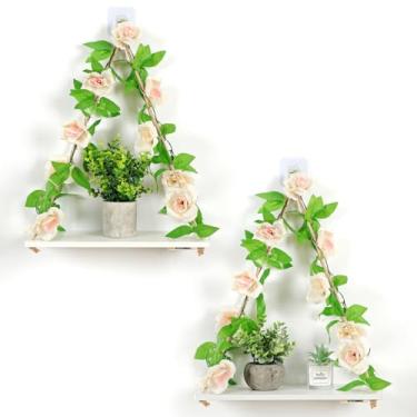 Imagem de Prateleira para parede, decoração de parede, decoração de plantas, prateleiras flutuantes, prateleiras flutuantes para parede, sem perfuração, prateleiras adesivas, folhas decorativas e tiras de luz,