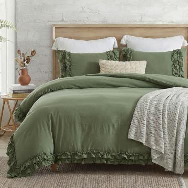 Imagem de Jogo de cama Queen com babados e capa de edredom verde abacate plissado, franja, chique, supermacio, aconchegante, boêmio, para todas as estações