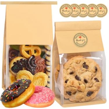 Imagem de Pacote com 50 sacos pequenos de padaria com janela, 10 x 8,1 x 20 cm, embalagem de biscoitos, sacos de papel resseláveis para pipoca, doces, grãos de café, scone, brownie, incluídos 100 peças de