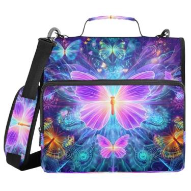 Imagem de Fichário de 3 anéis com zíper com alça de ombro, borboletas roxas, fichários de 3,8 cm, grande capacidade, vários bolsos para material de escritório escolar