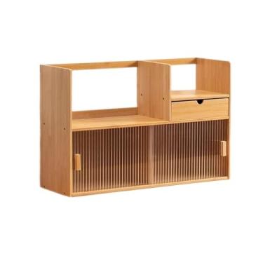 Imagem de Estante organizadora de bambu para mesa de escritório duplo, com portas de vidro deslizantes push-pull, prateleira de exibição, para escritório, casa, dormitório, prateleira de livros (C 50 x L 22,5 x