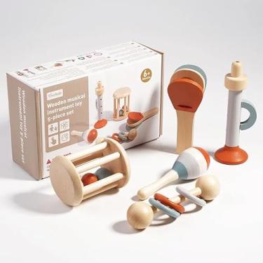 Imagem de Brinquedo Montessori de Madeira, Kit Instrumentos Musicais para Bebê 5 Peças, Chocalhos Sensoriais, Brinquedo Didático Educativo de Educação Precoce