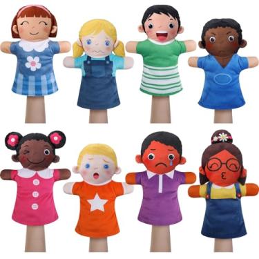 Imagem de Poen Conjunto de fantoches de mão de 8 peças para crianças, bonecas multiculturais, pelúcia macia para crianças pequenas, interação de aprendizagem, adequado para casa, creche, escola, sala de aula