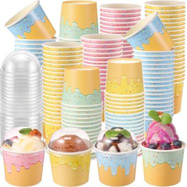 Imagem de Jingmore Copos de papel de sorvete de 100 unidades com tampas transparentes sem furos, copos de sobremesa descartáveis a granel, tigelas de sobremesa, recipientes de sudae para lanche, sopa de iogurte