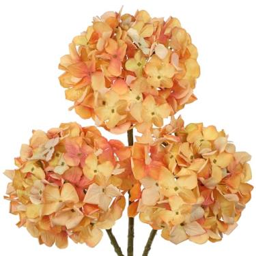 Imagem de Flores artificiais de hortênsia laranja nascer do sol, 49,8 cm, secas, texturizadas, hortênsias, com hastes, 3 peças, buquê de flores falsas, flores artificiais, volume para mesa, casamento, decoração