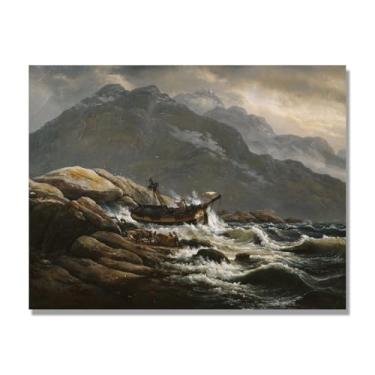 Imagem de NHLDZYH Quadro famoso para salão - réplica de J.C. Dahl - Paisagem romântica nórdica em tela - decoração de parede elegante. (Naufrágio). 50 x 65 cm. Apenas tela