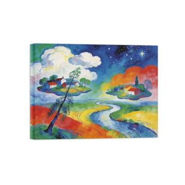 Imagem de Impressões em tela de arte de parede de surrealismo - Grassland River House - Pintura de decoração de paisagem - Imagens para sala de estar prontas para pendurar tela emoldurada de 60 x 80 cm 24 x 31