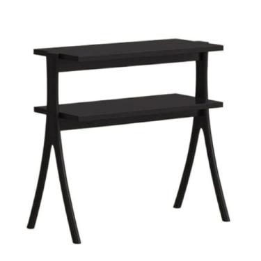 Imagem de Mesa de centro mesa lateral de sofá de camada dupla rack de armazenamento de madeira retrô sala de estar canto aberto mesa lateral (preto)