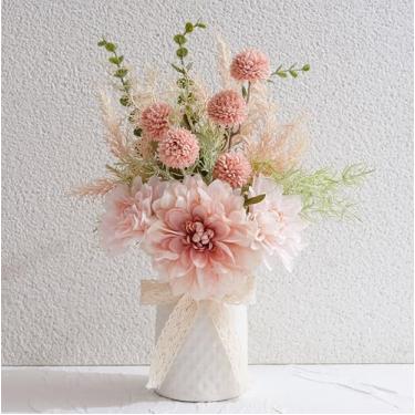 Imagem de LUEUR Flores artificiais com vaso de cerâmica - Arranjo de flores rosa de seda primavera para decoração de mesa de café, buquê de flores artificiais para decoração interna de casa, banheiro, sala de