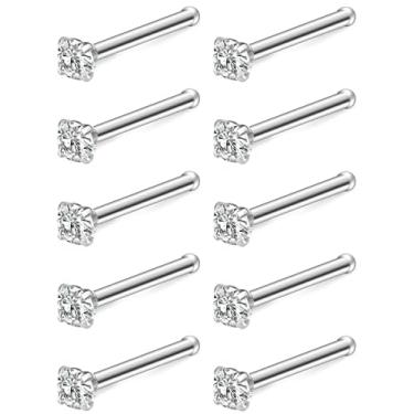 Imagem de Dyknasz Piercing de nariz de aço cirúrgico com zircônia cúbica, 10 peças, minúsculos anéis de narina para mulheres, piercing de osso de parafuso e piercing de narina em forma de L, joias 24G 22G 20G