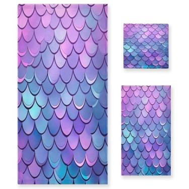 Imagem de xigua Conjunto de toalhas de banheiro em escala de sereia toalha de banho macia absorvente de 3 peças toalha de mão toalhas decorativas para banheiro, academia, hotel, praia, piscina