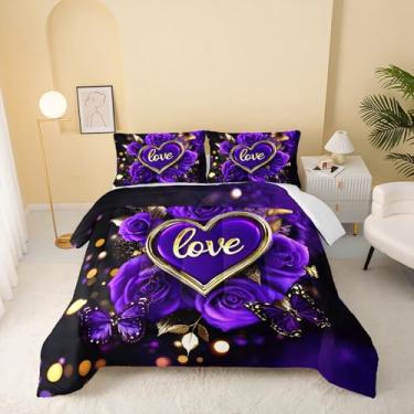 Imagem de QOOMO Jogo de cama solteiro com estampa de rosa, borboleta, para decoração de quarto de meninos e meninas, roxo, microfibra leve, 1 edredom e 2 fronhas