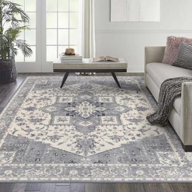 Imagem de MFTKB Tapetes laváveis 13 x 18 cm, tapete cinza vintage macio medalhão tradicional para sala de estar, tapete floral oriental resistente a manchas, tapete de chão para quarto, jantar, berçário,