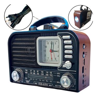 Imagem de Rádio Retrô Vintage FM/AM USB Bivolt Bluetooth com Relógio - Design Clássico e Funcionalidades Atuais