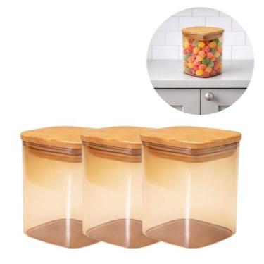 Imagem de 3 Potes de Vidro Âmbar Hermético Tampa Madeira Premium Organizador - F