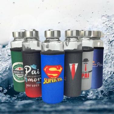 Imagem de 3 Garrafas de Vidro C/ Alça Capinha Personalizada Não Vaza 400ml - Int