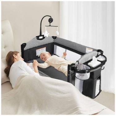 Imagem de Berço Cercado Portátil 4 em 1 com Porta Objetos e Zíper Lateral, Kinder King, Cinza e Preto