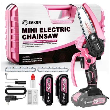 Imagem de Motosserra Elétrica Portátil sem Fio para Poda de Galhos com 2 Baterias 20V e 3 Correntes, Saker, Rosa
