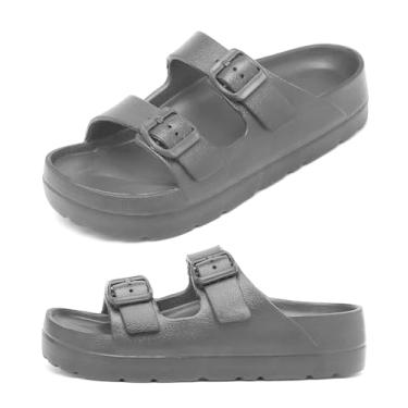 Imagem de Sandálias femininas plataforma, sandálias planas com fivela ajustável, chinelos confortáveis com suporte para arco, sandálias femininas essenciais para o verão para casa e rua casuais, Fivela dupla preta, 9