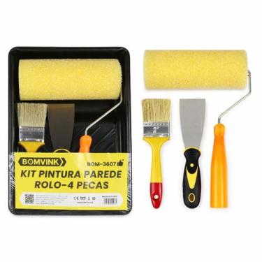 Imagem de Kit Pintura Parede com Rolo, Bandeja, Trincha e Espátula 4 Peças - Bom