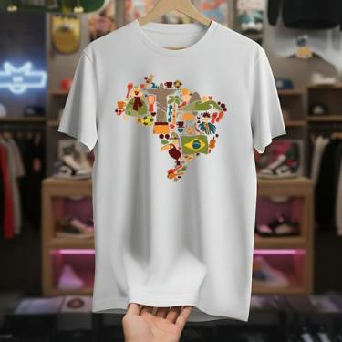 Imagem de Camiseta Masculina Branca Mapa Brasil Colorido Algodão Premium Camisa 