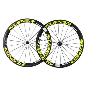 Imagem de Rodas de bicicleta Superteam de fibra de carbono 700C, aro clincher, conjunto de rodas de 50 mm, acabamento fosco, 23 mm de largura (amarelo fluorescente)