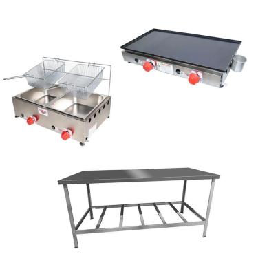 Imagem de Kit Lanchonete Mesa de Manipulação 190x70cm + Fritadeira a Gás 2 Cuba + Chapa a Gás 60cm Alcamar