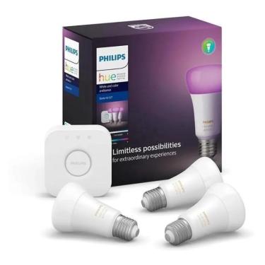 Imagem de Kit 3 Lâmpadas Inteligentes + Hub Philips Hue Starter Kit E27