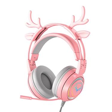 Imagem de RGB Wired Deer Ear fone de ouvido com microfone, fofo jogo de 3,5 mm de ouvido para namorada Pink