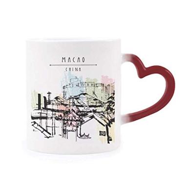 Imagem de Caneca sensível ao calor com arranha-céus em Macau China Caneca sensível ao calor Copo de grés que muda de cor vermelha, Canecas, Canecao