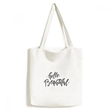 Imagem de Sacola de lona com citação Hello Beautiful feita à mão bolsa de compras casual