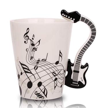 Imagem de BUYNEED Caneca de guitarra de 365 g nota musical chá café leite guitarra cerâmica caneca caneca presentes para guitarristas músicos, presente para amantes de música para mulheres, homens, amigos, professores, preto