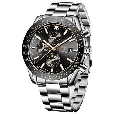Imagem de BENYAR – Relógio de pulso elegante para homens, relógios com pulseira de aço inoxidável, movimento de quartzo perfeito, à prova d'água e resistente a arranhões, cronógrafo analógico