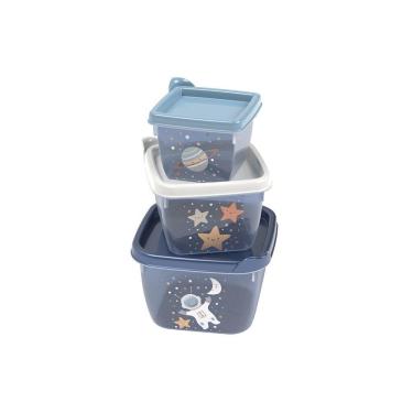 Imagem de Conjunto de 3 Potes Infantil Conect Plasútil Astronauta Marinho 140 ml, 270 ml e 470 ml.