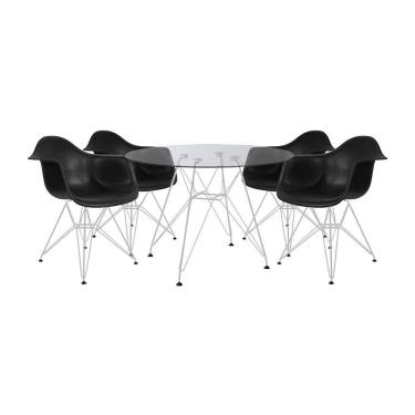 Imagem de Mesa de Jantar Eames Eiffel Redonda Vidro 90cm com 4 Poltronas Pretas Ferro Branco