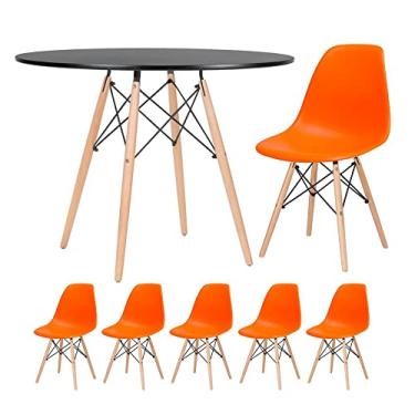Imagem de Loft7, Kit - Mesa redonda Eames 100 cm preto + 5 cadeiras Eiffel Dsw Laranja