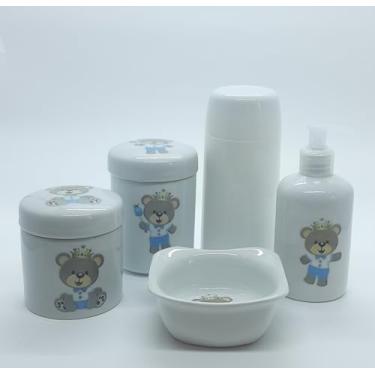 Imagem de Kit higiene bebê Príncipe ursinho 5 peças - potes, porta álcool, garrafa térmica e molhadeira - Peças Porcelana