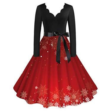 Imagem de UIFLQXX Vestido feminino clássico de Natal de manga comprida com decote em V, vestido com cinto, vestido de coquetel, vestido curto para noite, A3 - vermelho, G